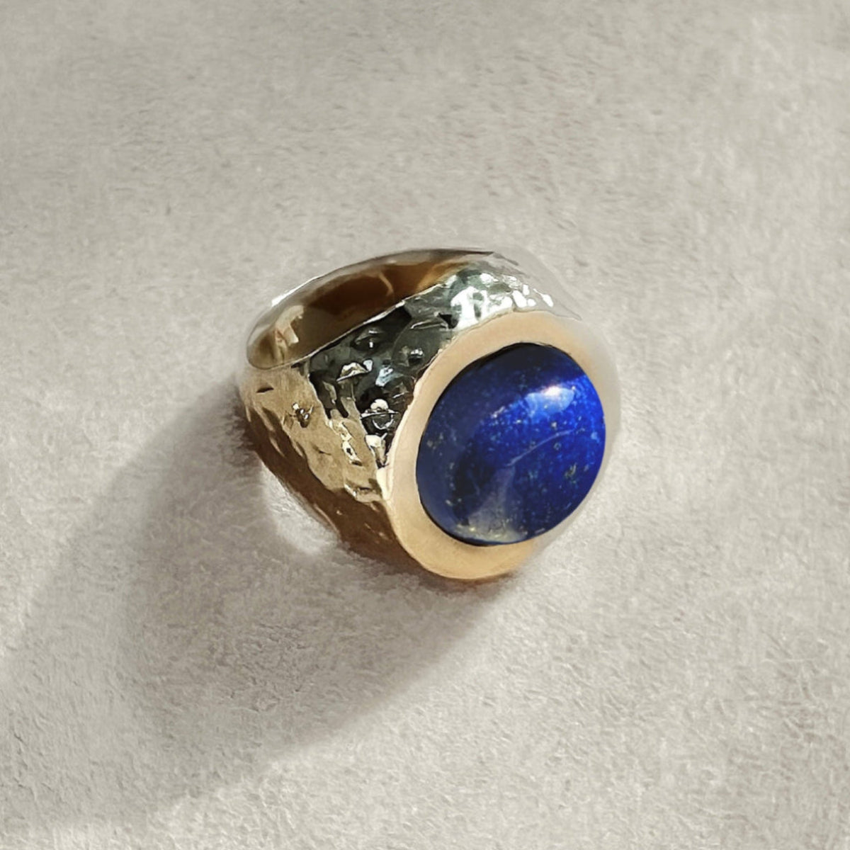 Arroyo lapis signet ring with hand-hammered texture and bold cabochon stone statement ring