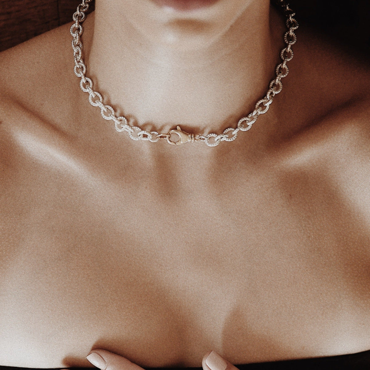 Duet rope chain collar mixed metal necklace with sterling silver links and gold plated clasp.
