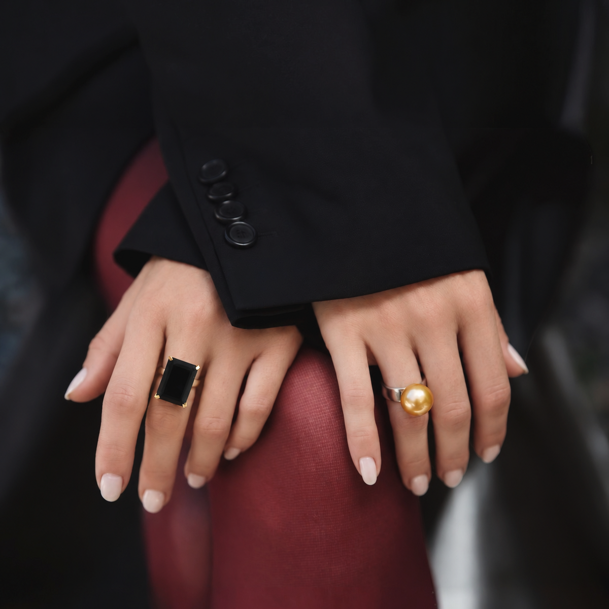 Orb statement ring featuring a large 14mm lustrous Golden South Sea pearl on a sculptural gold-plated band by Jacqueline Rose Collection.