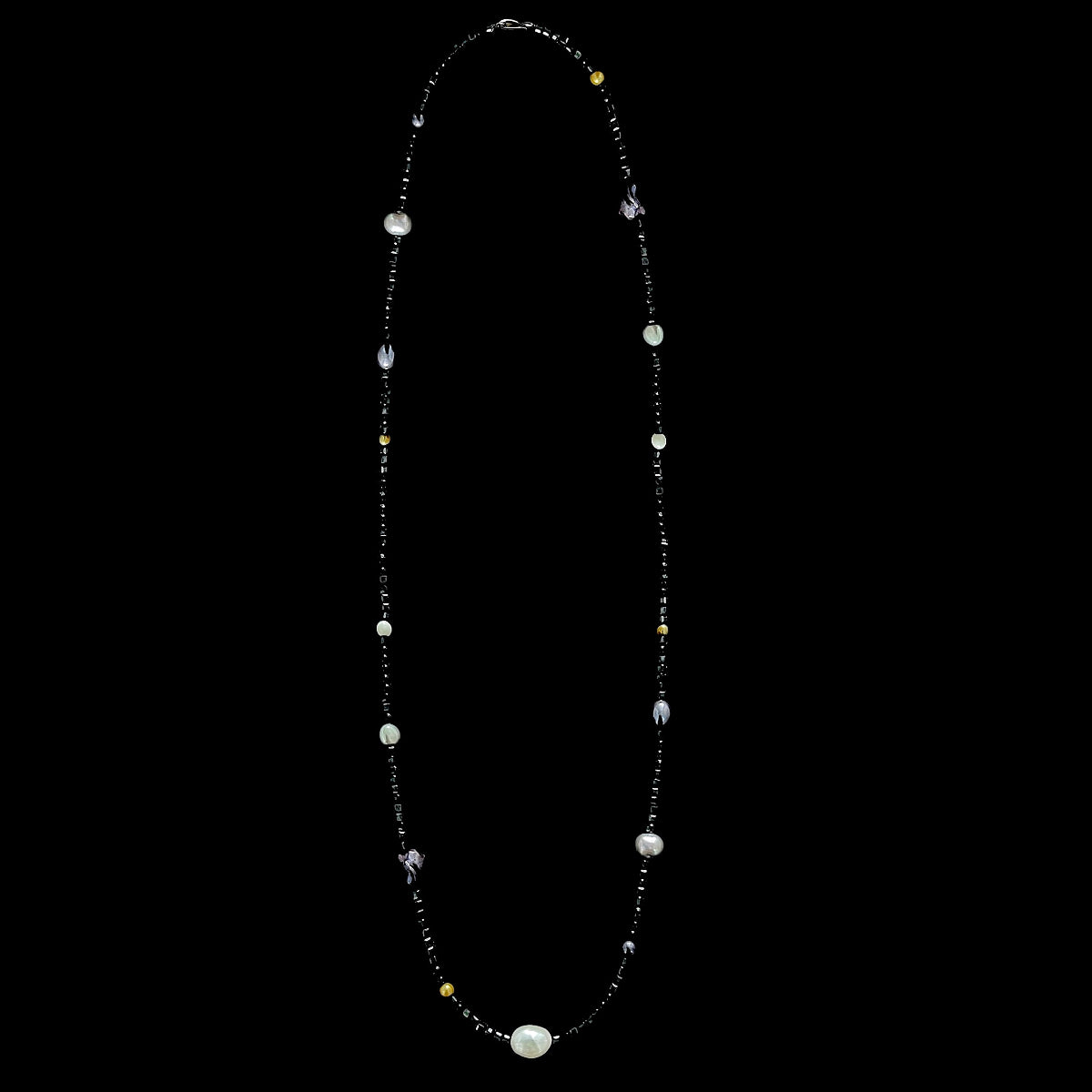 Halo Long Gemstone Necklace – White, Grey & Black Pearls with Faceted Black Spinel