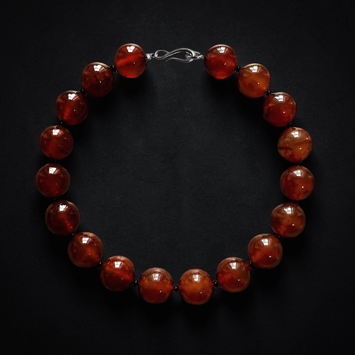 Hera carnelian collar necklace with large polished carnelian beads luxury statement necklace in sterling silver clasp