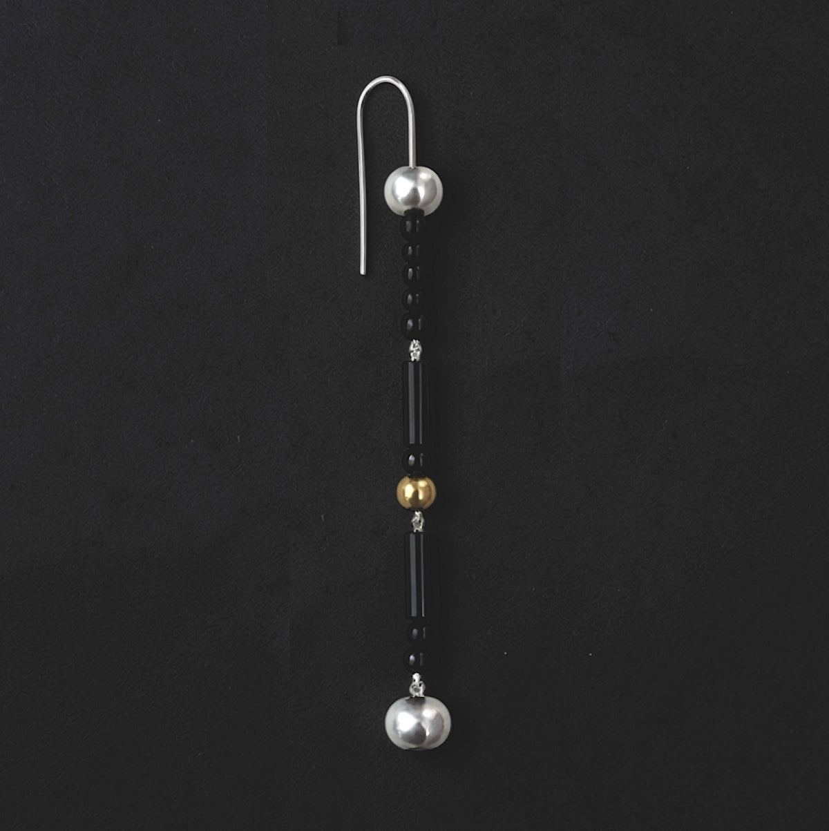 Long beaded onyx drop earrings with golden South Sea pearls, grey pearls on Sterling silver hooks, lightweight modern statement design