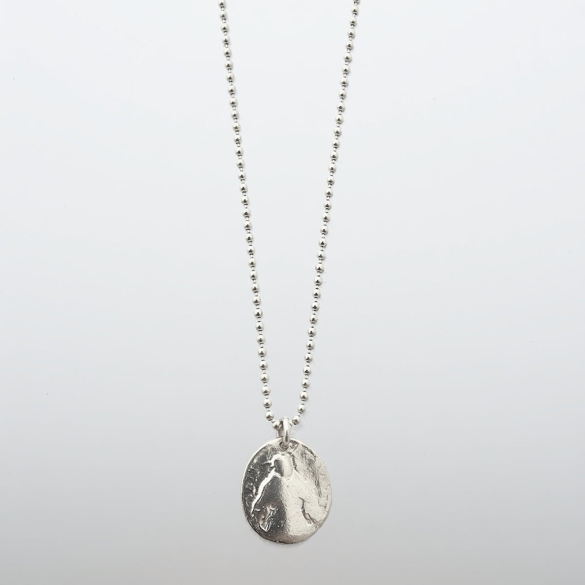 Luxury men's Spanish Prayer Coin necklace handcrafted in Sterling silver and on ball chain.