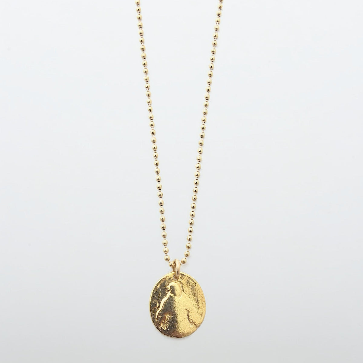 Men's Spanish Prayer Gold Coin necklace suspended from a ball chain.
