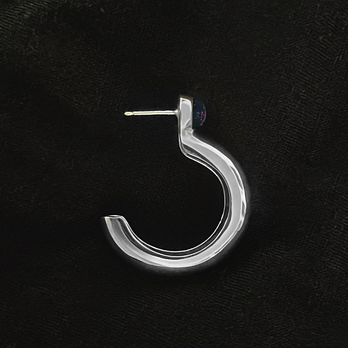 Black opal Sterling silver hoop earrings, high-polished, Lightweight handcrafted luxury earrings and modern heirloom jewelry.
