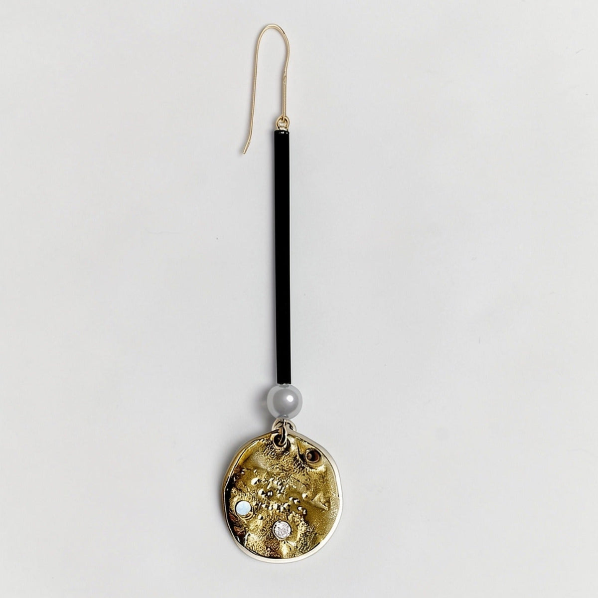 Long gold-plated Relic coin earrings featuring Ethiopian opal, bezel-set rock crystal, black Czech glass beads and pearls.