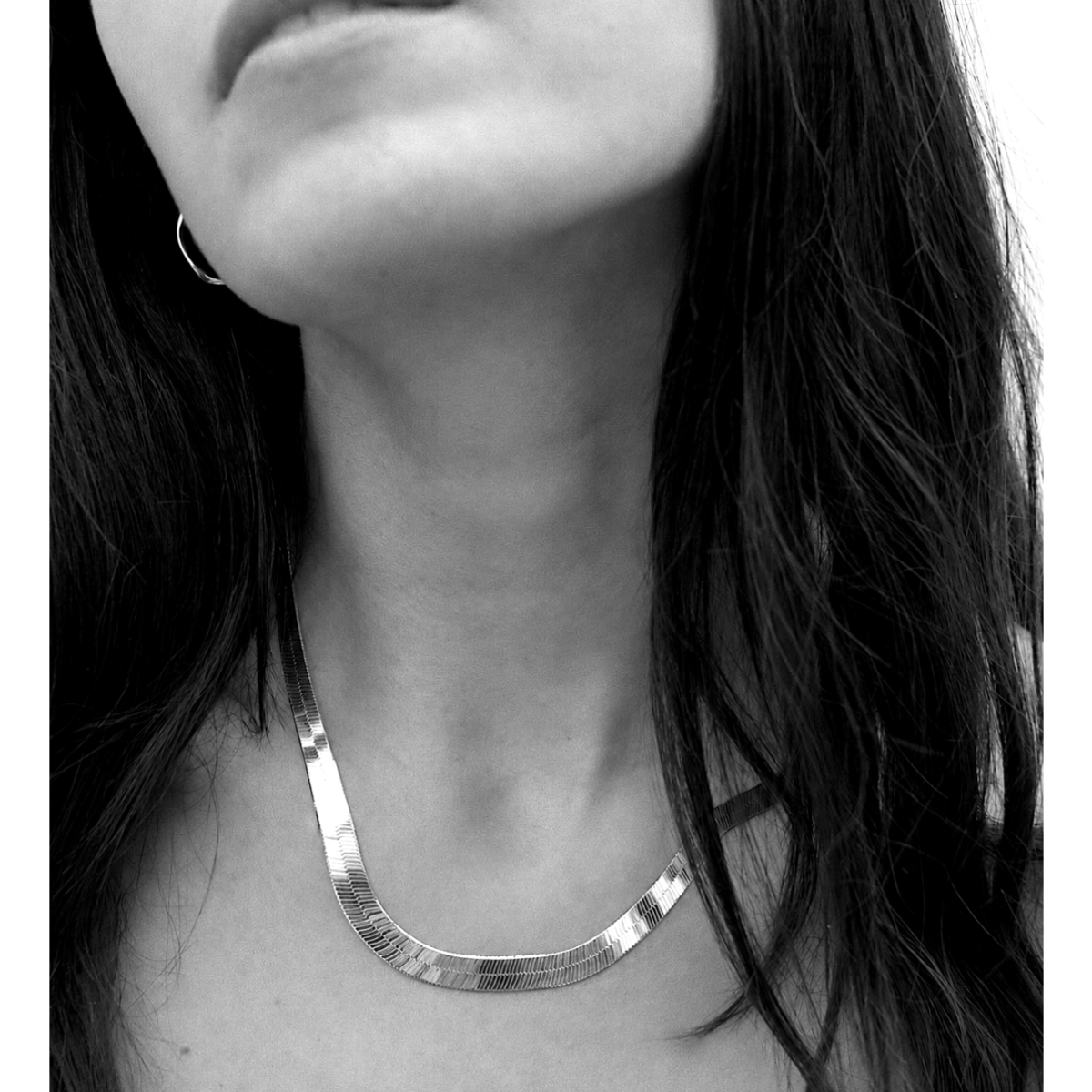 Silver_wide-Herringbone_Necklace_worn on a neck