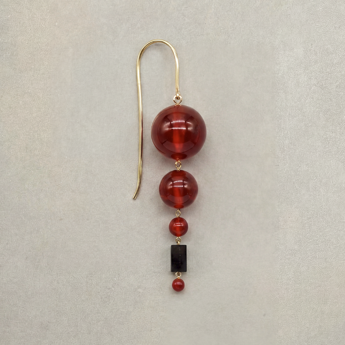 Carnelian and onyx orb drop earrings with gold fill wire, long sculptural gemstone statement earrings 2.75 inch length