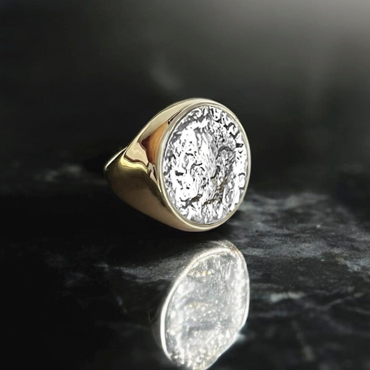 Large Roman coin signet ring in sterling silver with bronze bezel setting, bold two-tone statement ring inspired by ancient coin jewelry. 