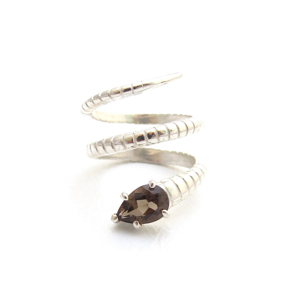 A sterling silver snake ring featuring smoky quartz.