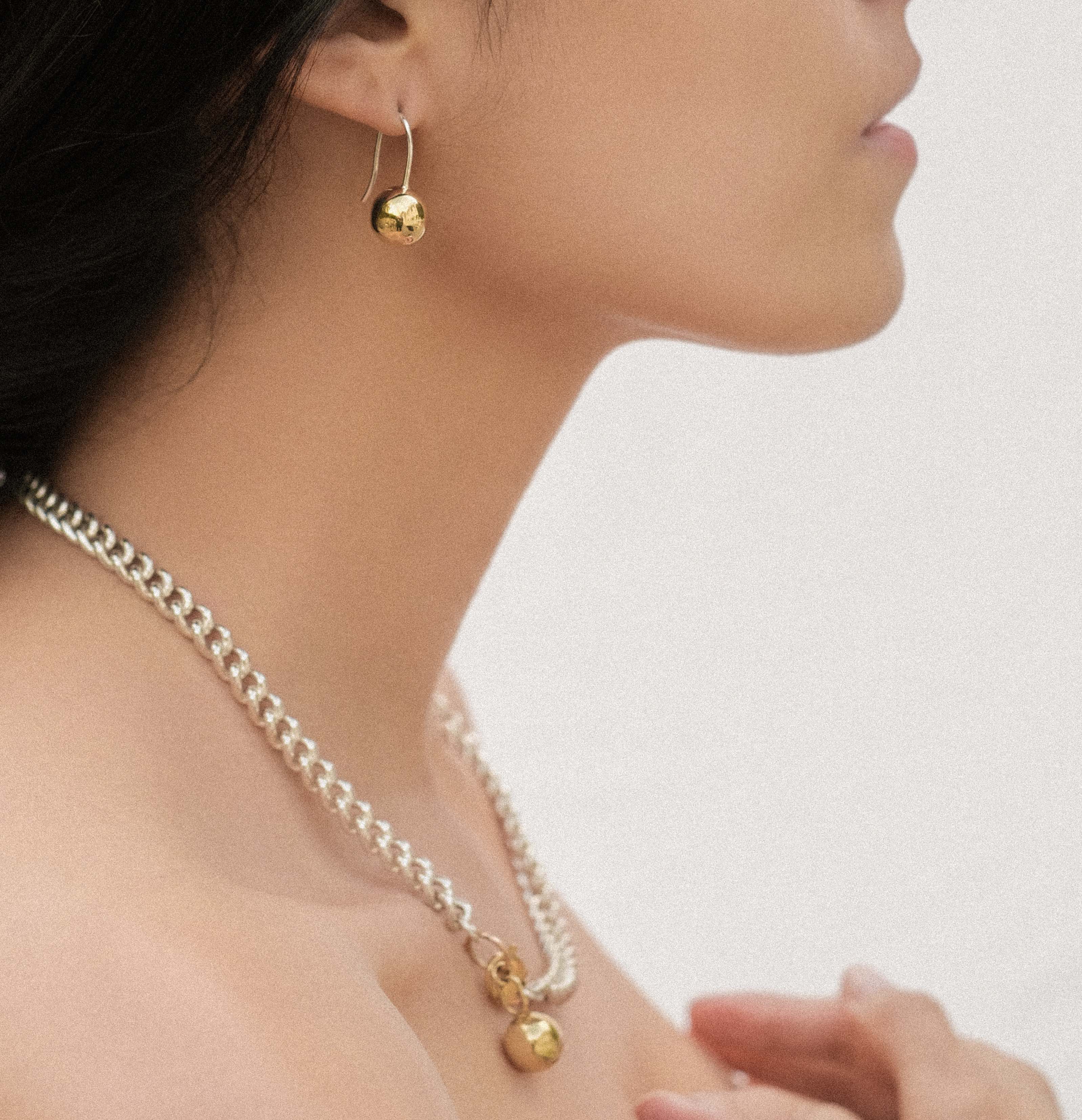 Ball drop earring, Ball & Chain curb chain necklace
