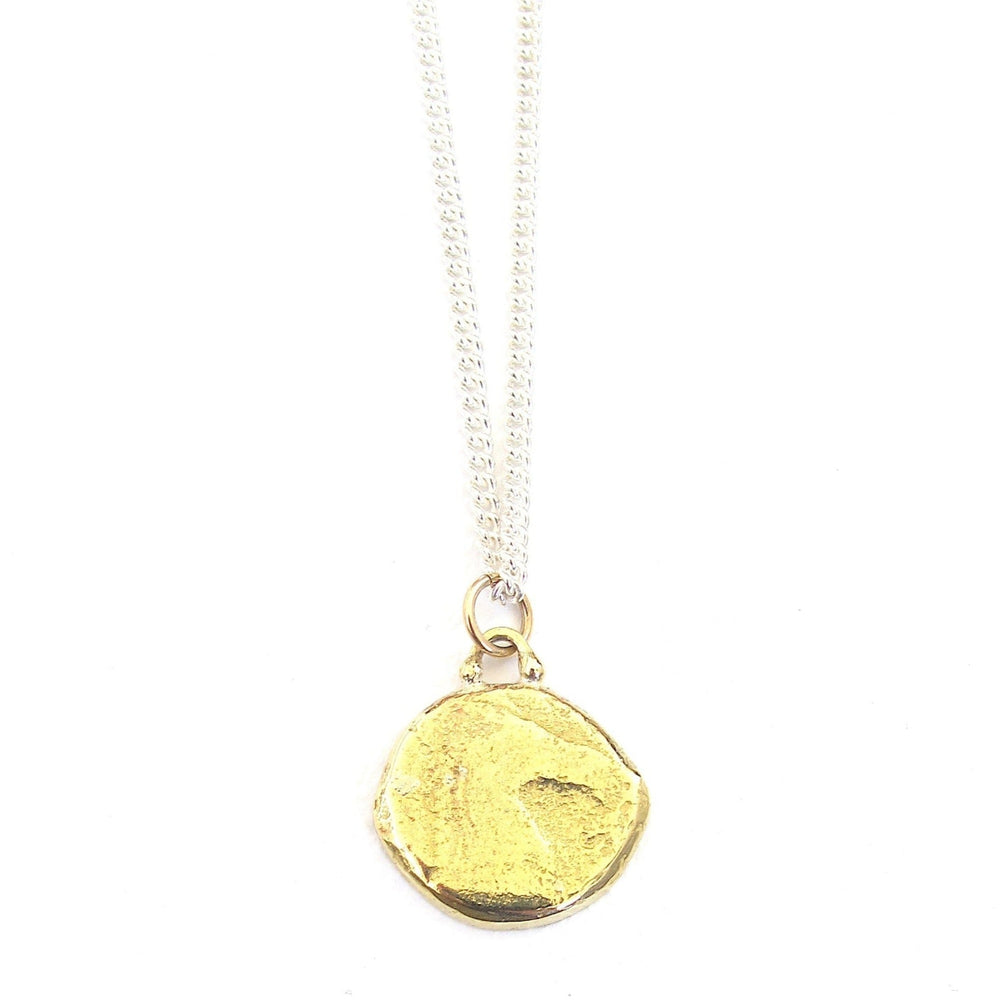 
                  
                    A gold Grecian stallion coin side hanging on a sterling silver curb chain.
                  
                