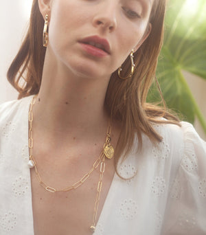 Relic pearl hoops, Relic link drop pearl necklace