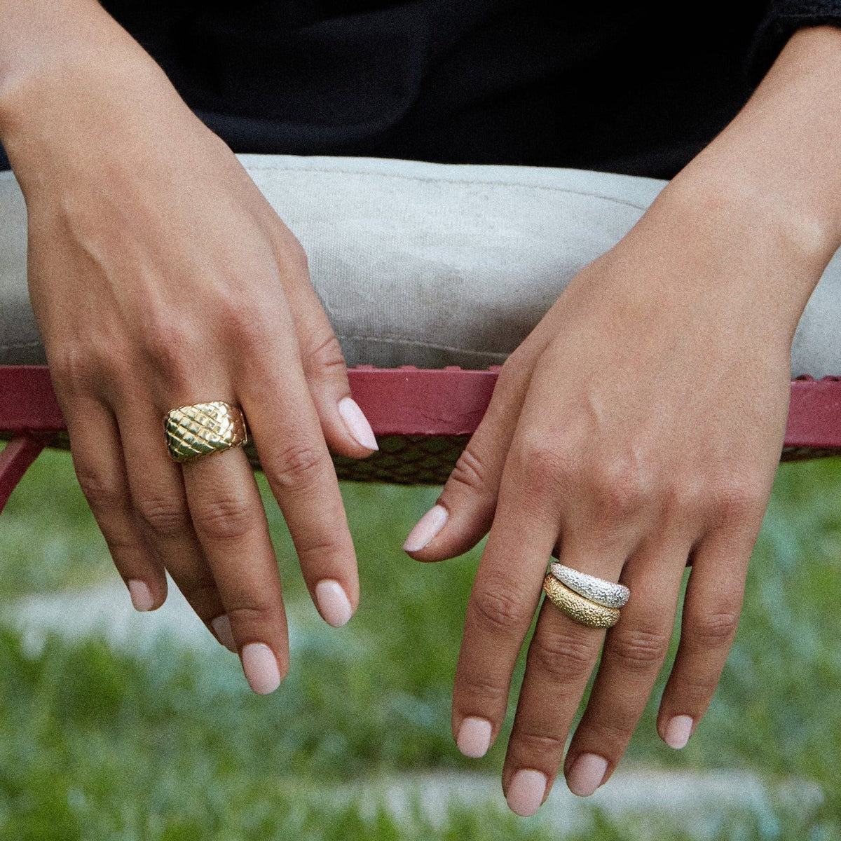 The Weave statement ring with the Cay sculptural stacking rings handcrafted in Sterling silver, bronze, white bronze and gold-plated finishes