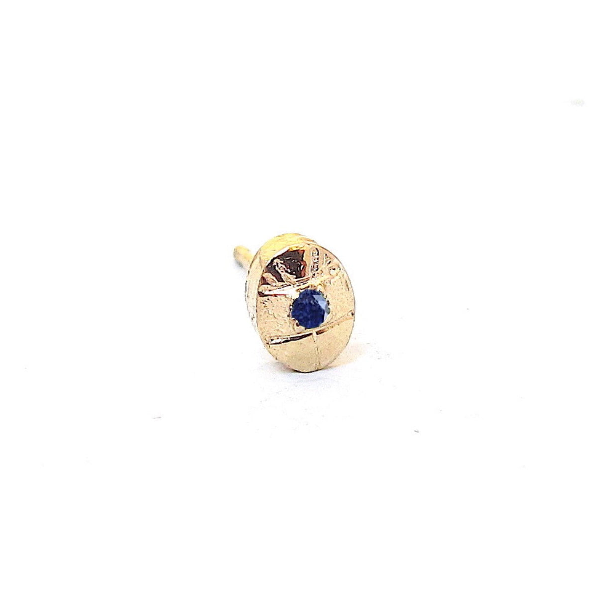 Scarab stud earring crafted in solid 14K gold with a prong-set sapphire, sculptural luxury fine jewelry handcrafted in Los Angeles.